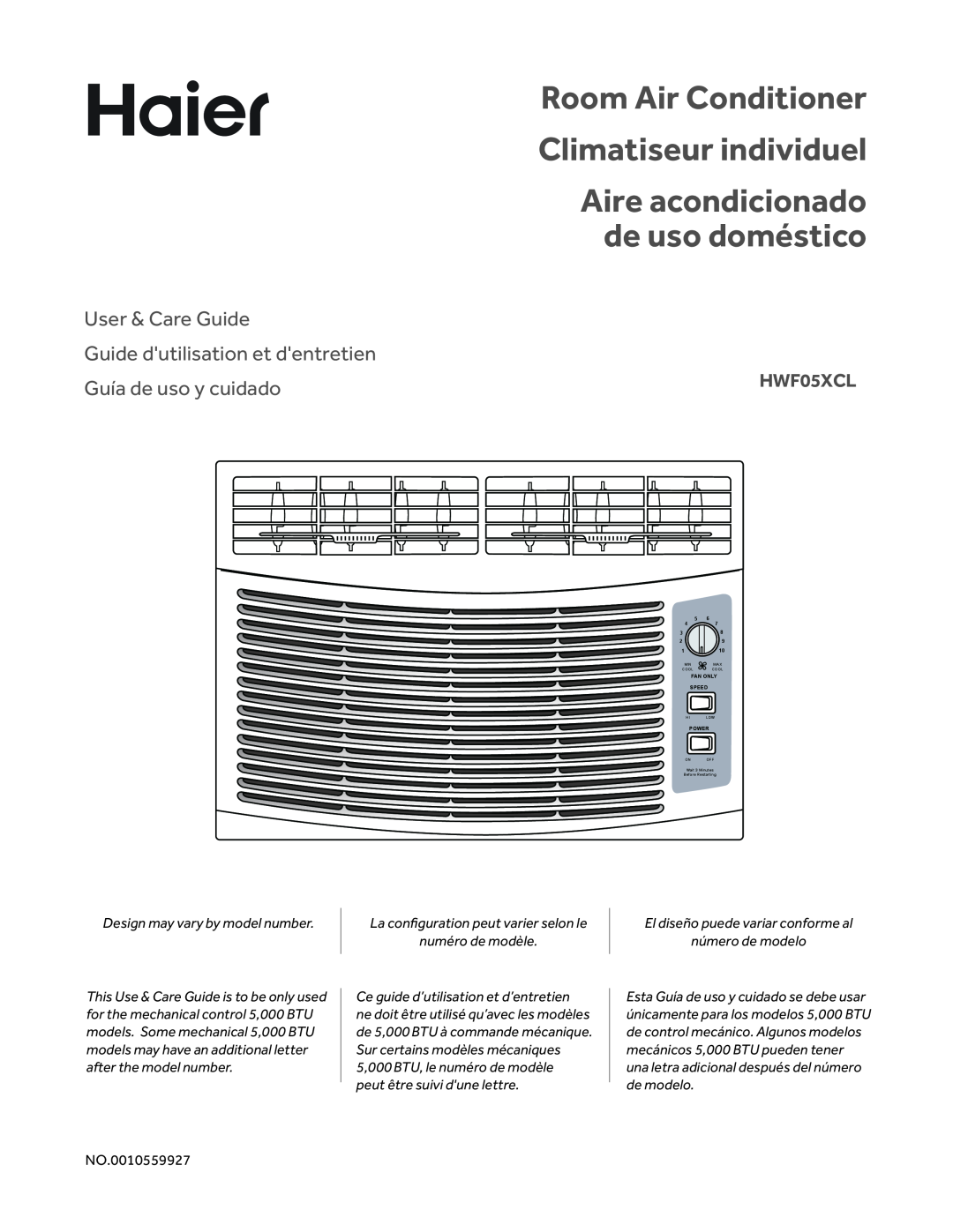 Haier HWF05XCL manual Room Air Conditioner Climatiseur individuel, Aire acondicionado de uso doméstico, User & Care Guide 