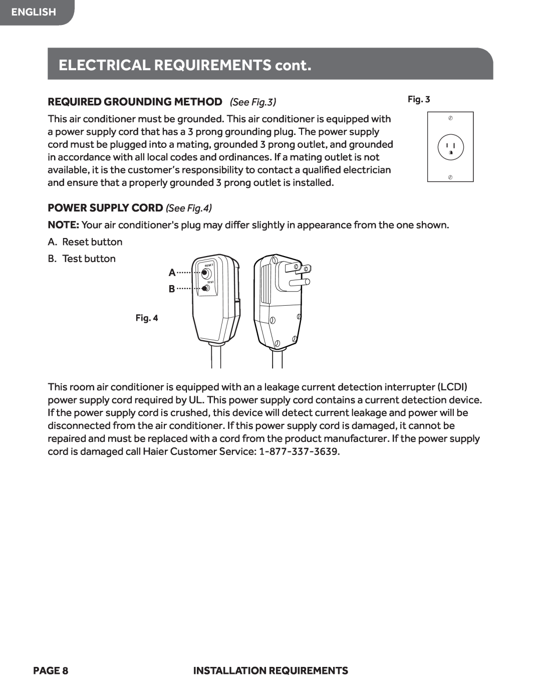 Haier HWF05XCL manual ELECTRICAL REQUIREMENTS cont, REQUIRED GROUNDING METHOD See, POWER SUPPLY CORD See, English, Page 