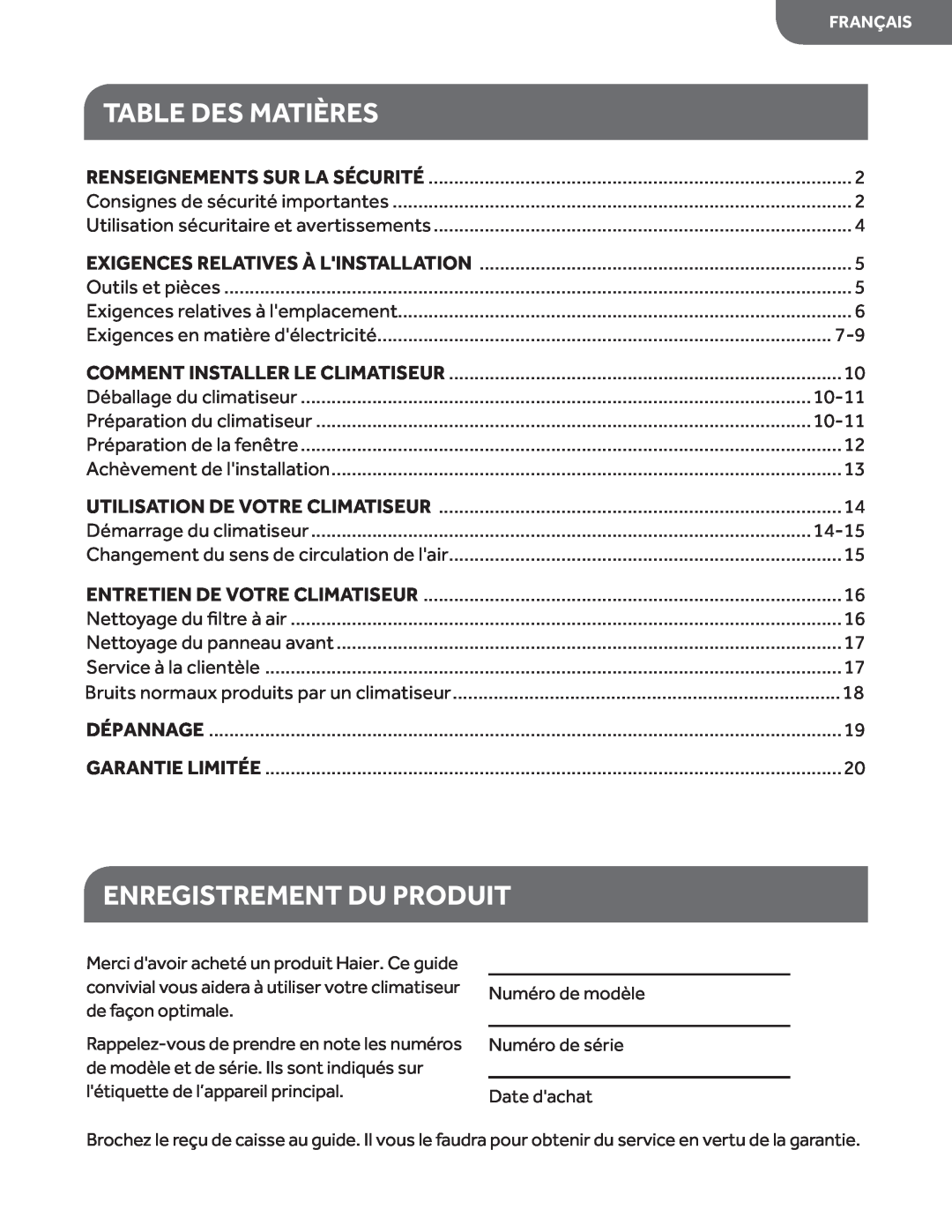 Haier HWF05XCL manual Table Des Matières, Enregistrement Du Produit 