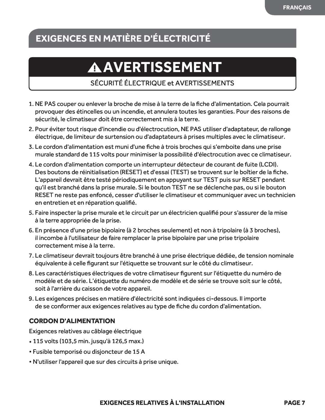 Haier HWF05XCL manual Exigences En Matière Délectricité, Avertissement, SÉCURITÉ ÉLECTRIQUE et AVERTISSEMENTS 