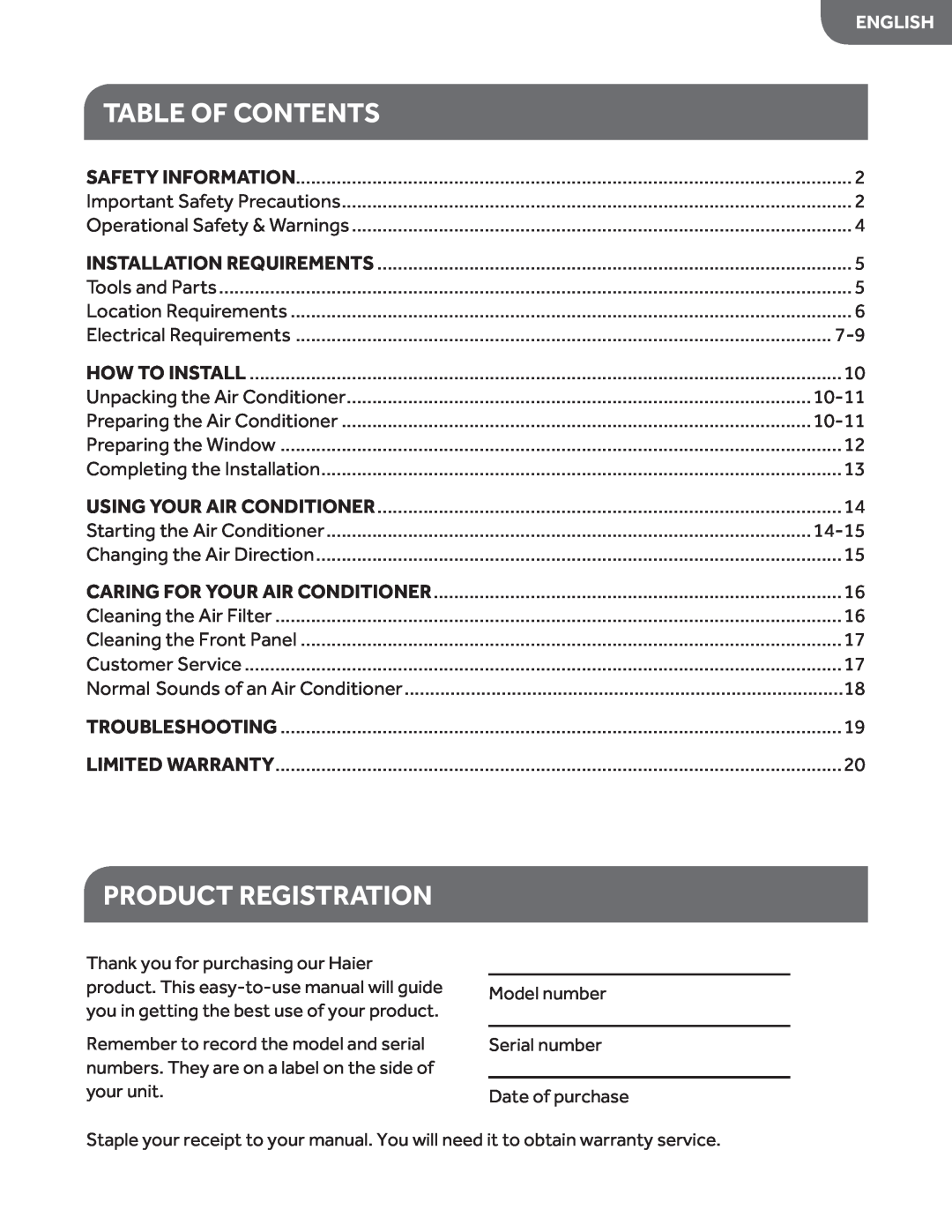 Haier HWF05XCL manual Table Of Contents, Product Registration, English 