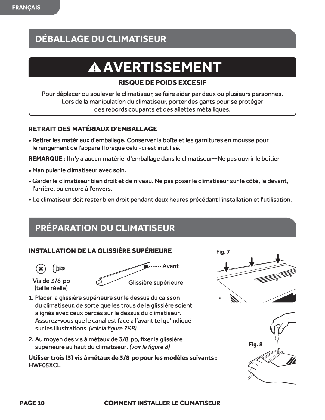 Haier HWF05XCL manual Déballage Du Climatiseur, Préparation Du Climatiseur, Avertissement, Risque De Poids Excesif, Page 