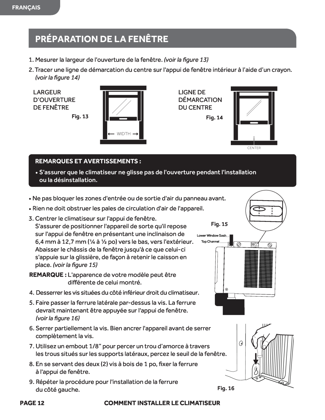 Haier HWF05XCL manual Préparation De La Fenêtre, Remarques Et Avertissements, place. voir la ﬁgure, du côté gauche, Page 