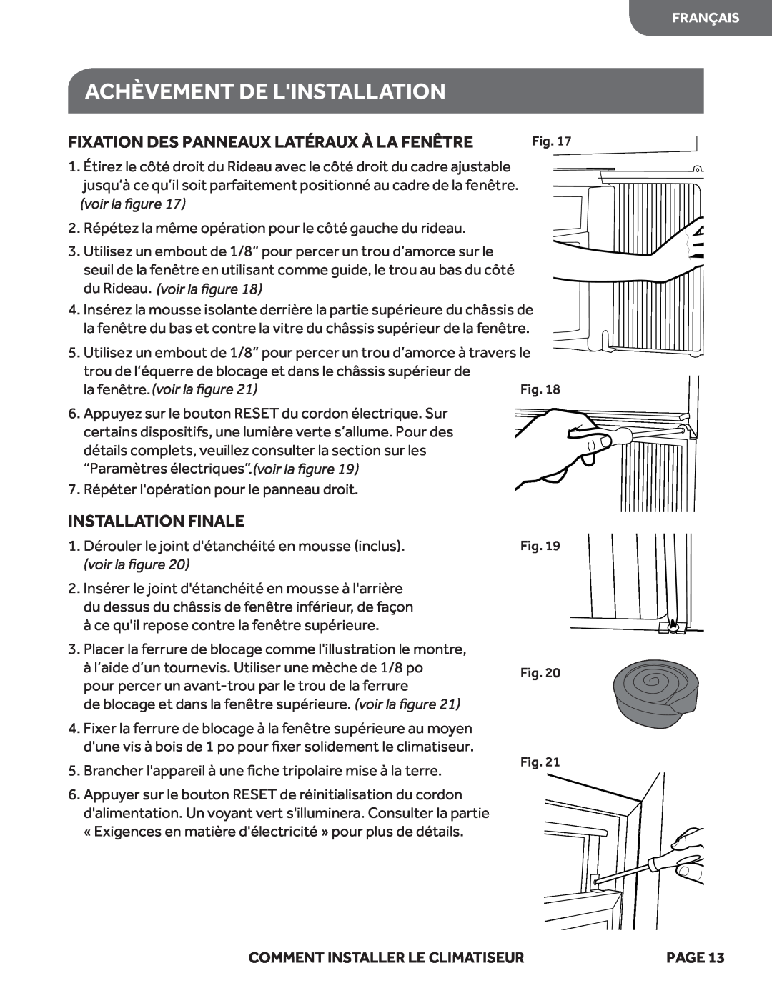Haier HWF05XCL manual Achèvement De Linstallation, Fixation Des Panneaux Latéraux À La Fenêtre, Installation Finale 