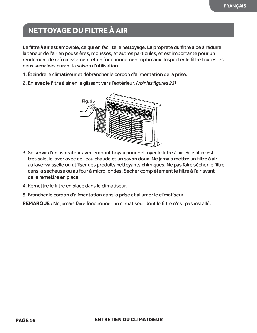 Haier HWF05XCL manual Nettoyage Du Filtre À Air, Page 