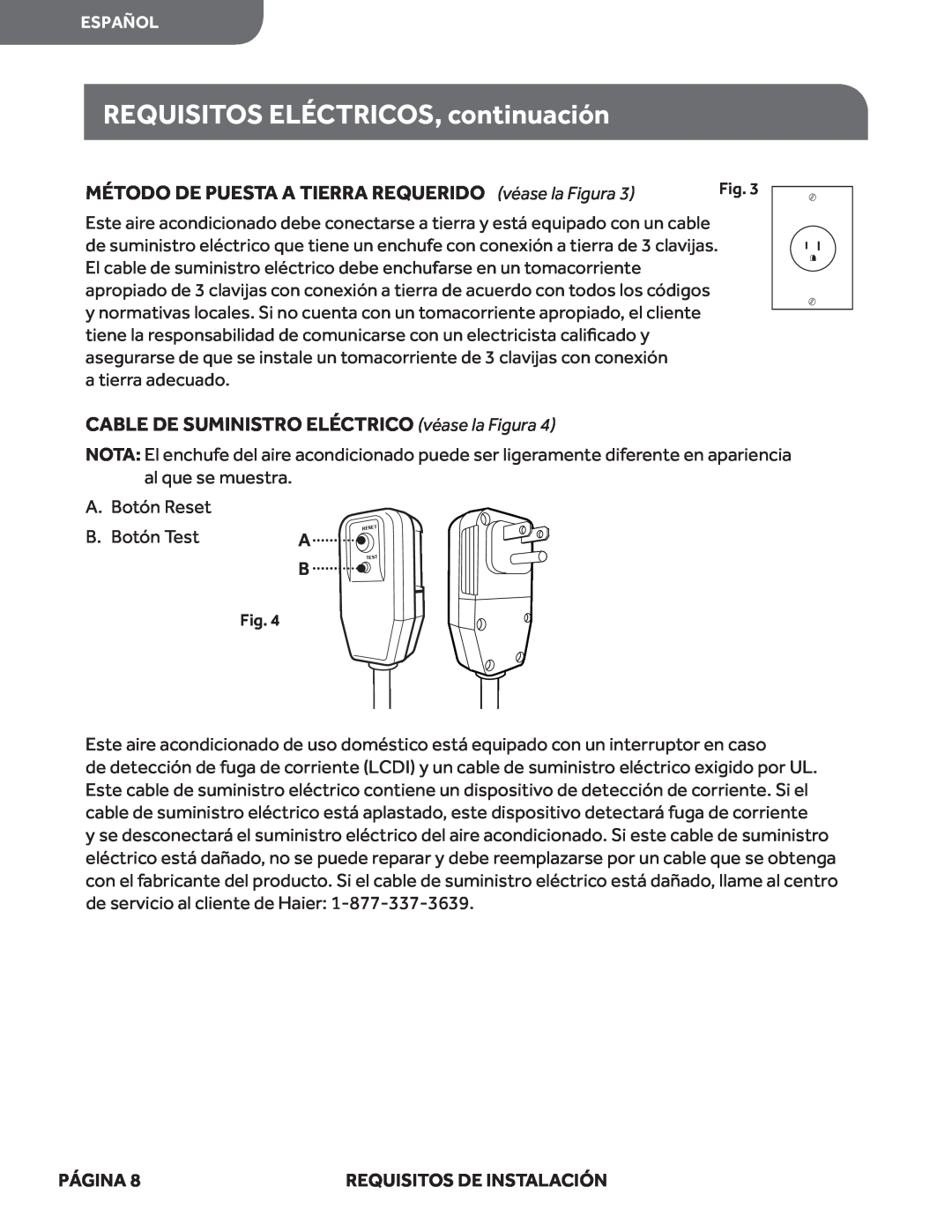 Haier HWF05XCL manual REQUISITOS ELÉCTRICOS, continuación, CABLE DE SUMINISTRO ELÉCTRICO véase la Figura, Página 