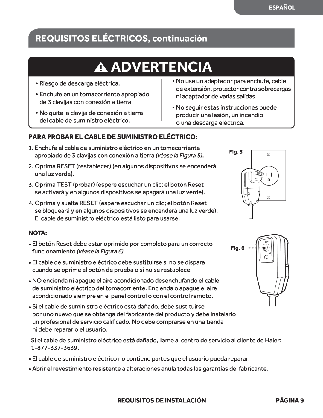 Haier HWF05XCL manual Advertencia, REQUISITOS ELÉCTRICOS, continuación, Para Probar El Cable De Suministro Eléctrico, Nota 
