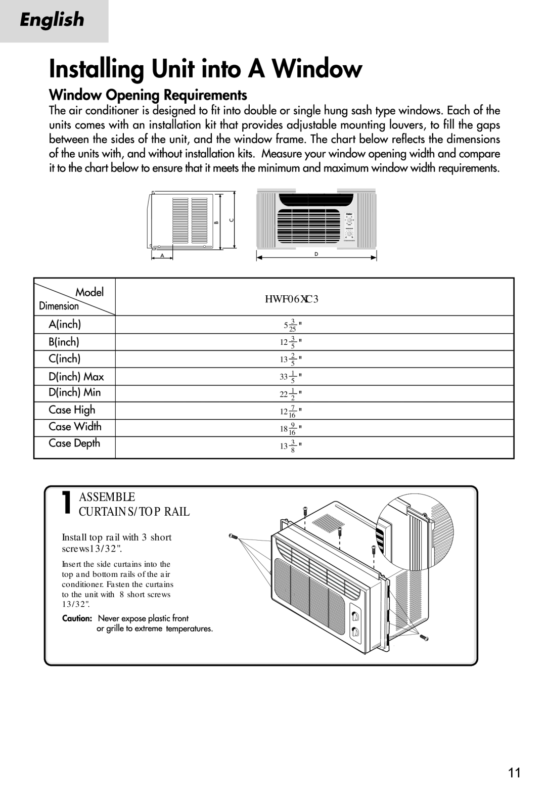 Haier HWF06XC3 manual Assemble Curtains/Top Rail, Install top rail with 3 short screws13/32 