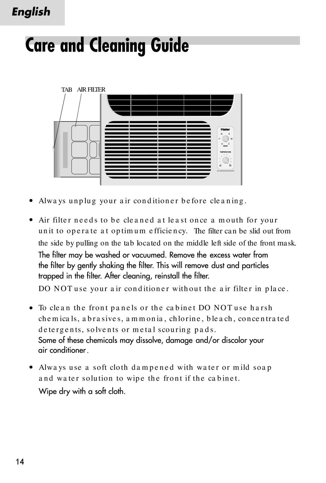 Haier HWF06XC3 manual Tab Air Filter 