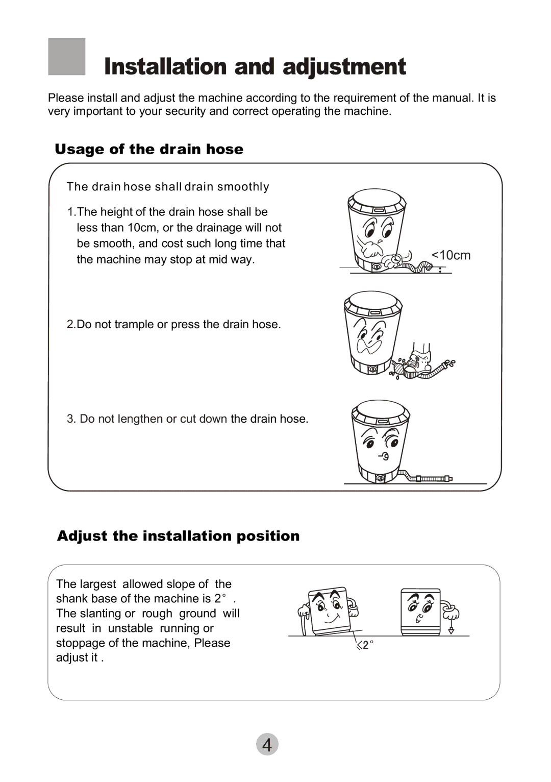 Haier HWM-2.0/S user manual Installation and adjustment, Usage of the drain hose, Adjust the installation position 