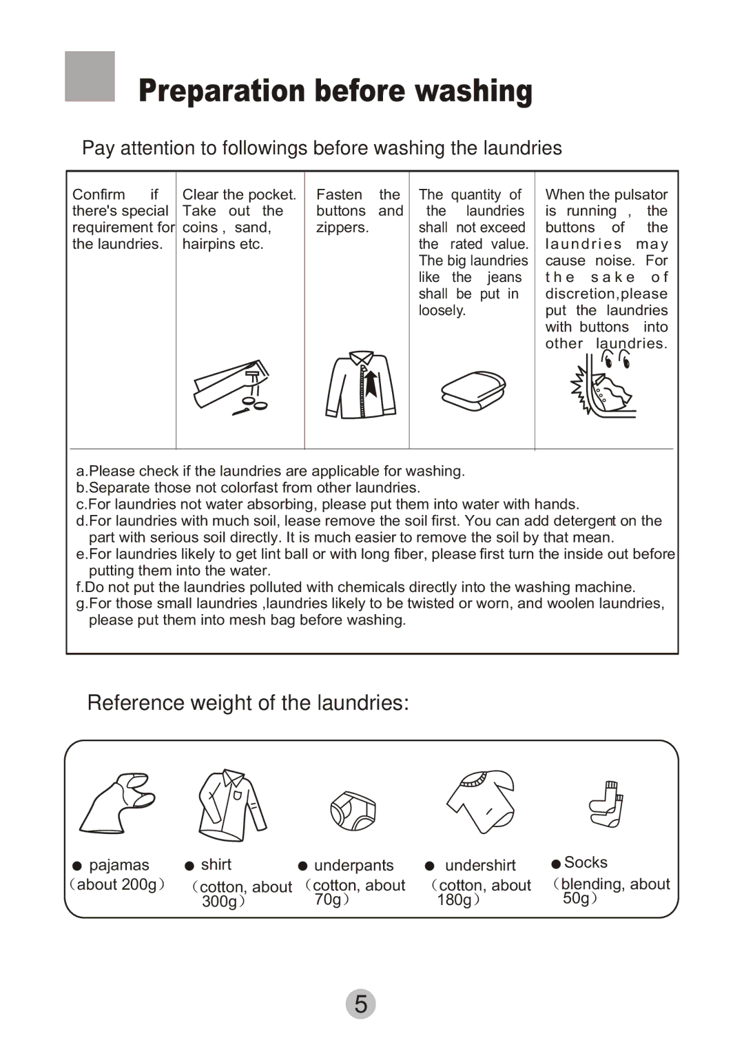 Haier HWM-2.0/S user manual Preparation before washing, Pay attention to followings before washing the laundries 