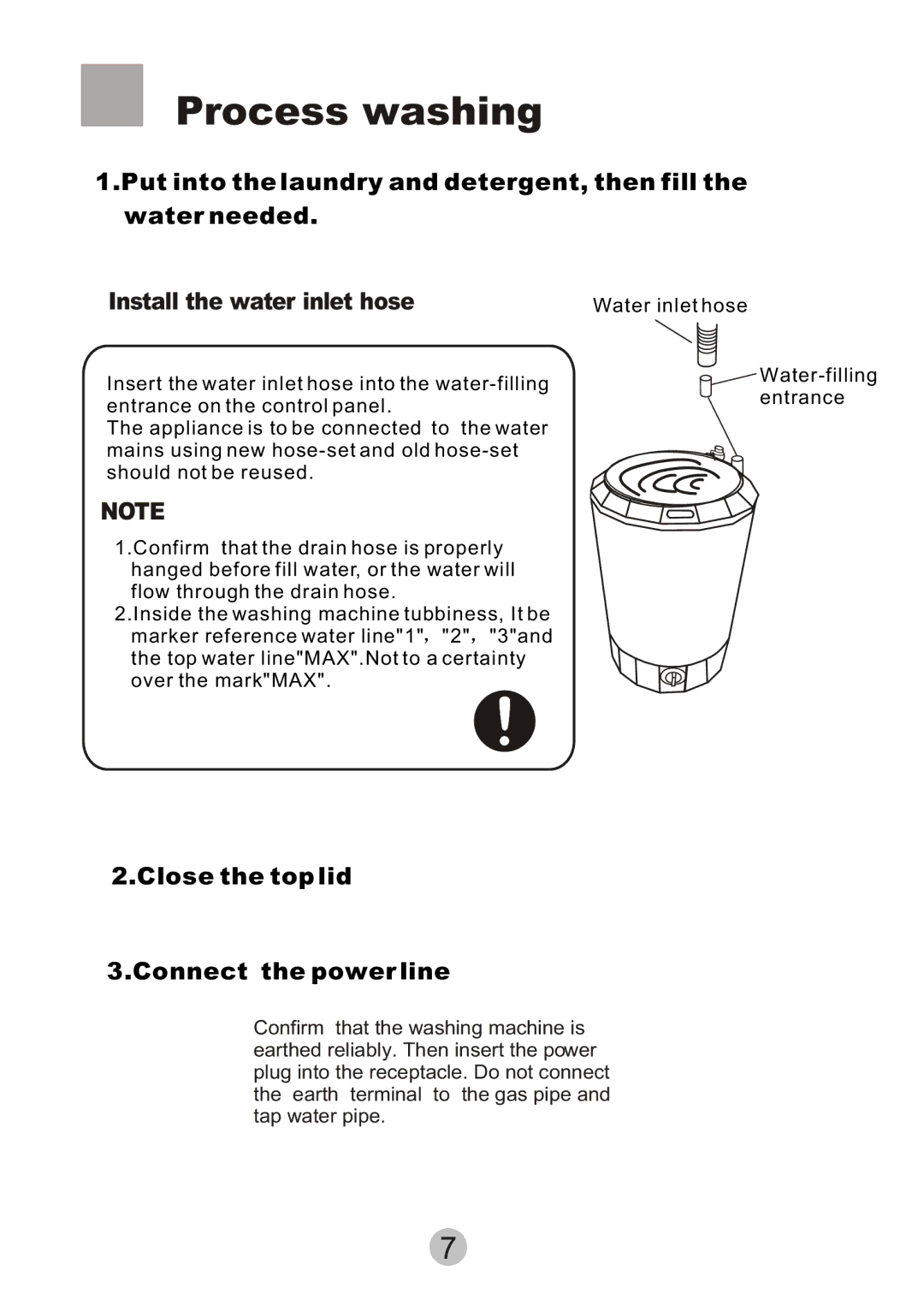 Haier HWM-2.0/S user manual Process washing, Close the top lid Connect the power line 