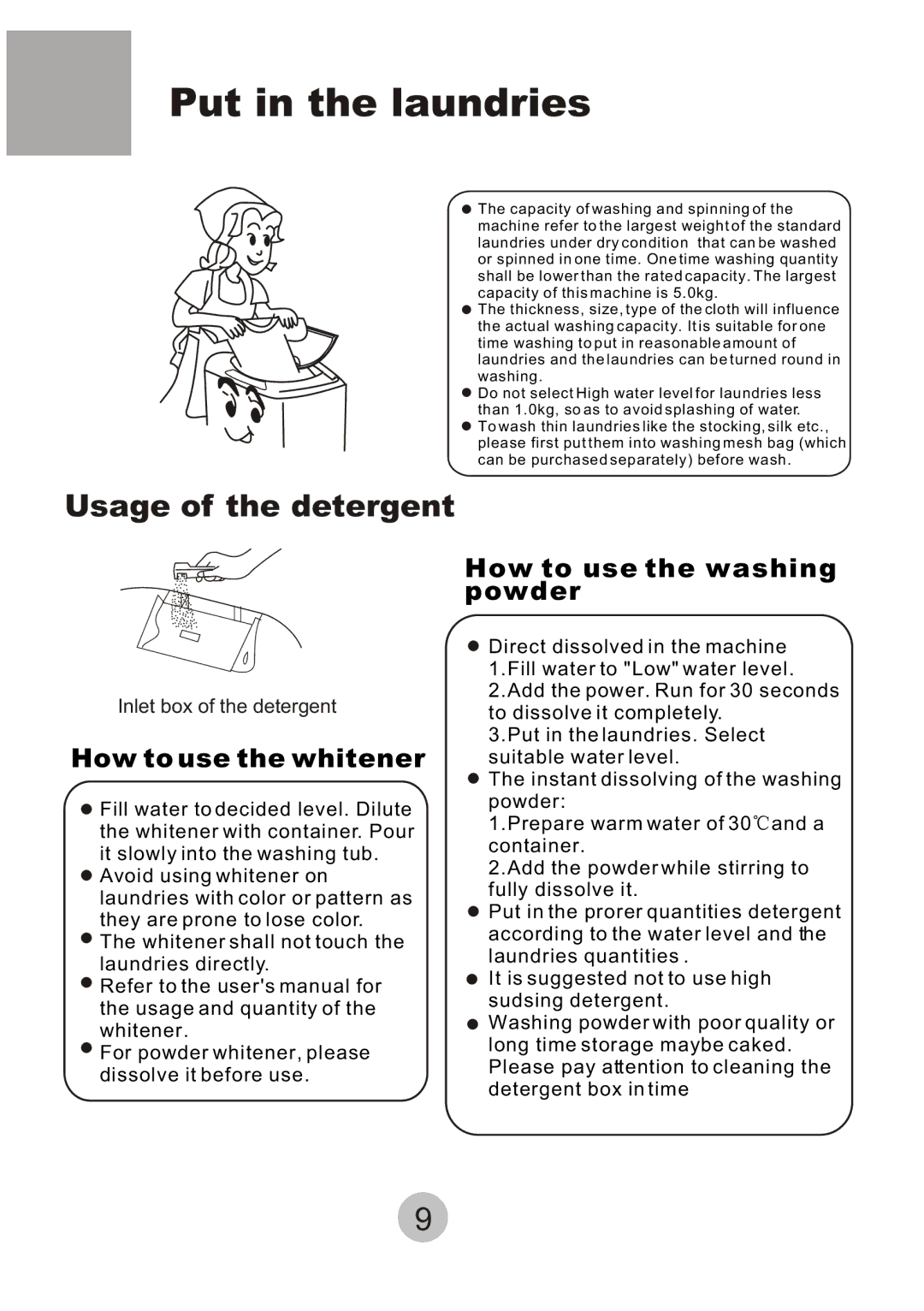 Haier HWM-6.5/S user manual Put in the laundries, Usage of the detergent 