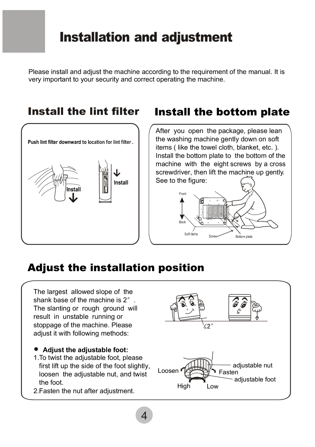 Haier HWM-6.5/S user manual Installation and adjustment, Install the lint filter, Install the bottom plate 