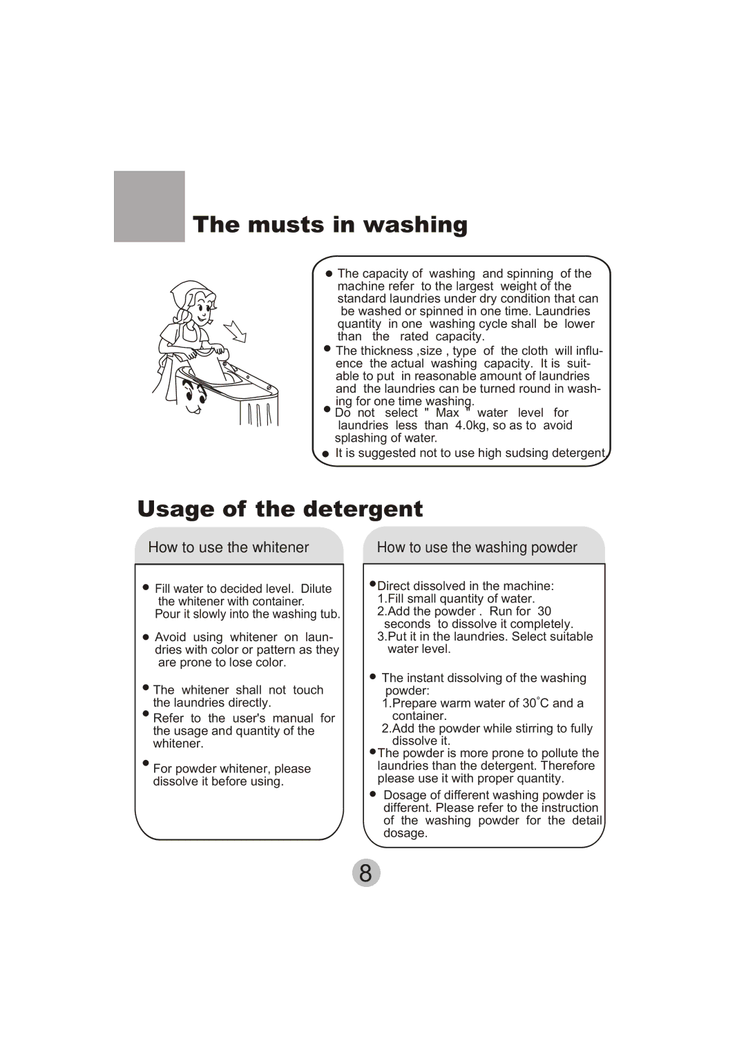 Haier HWM110-23BS user manual Musts in washing, Usage of the detergent 