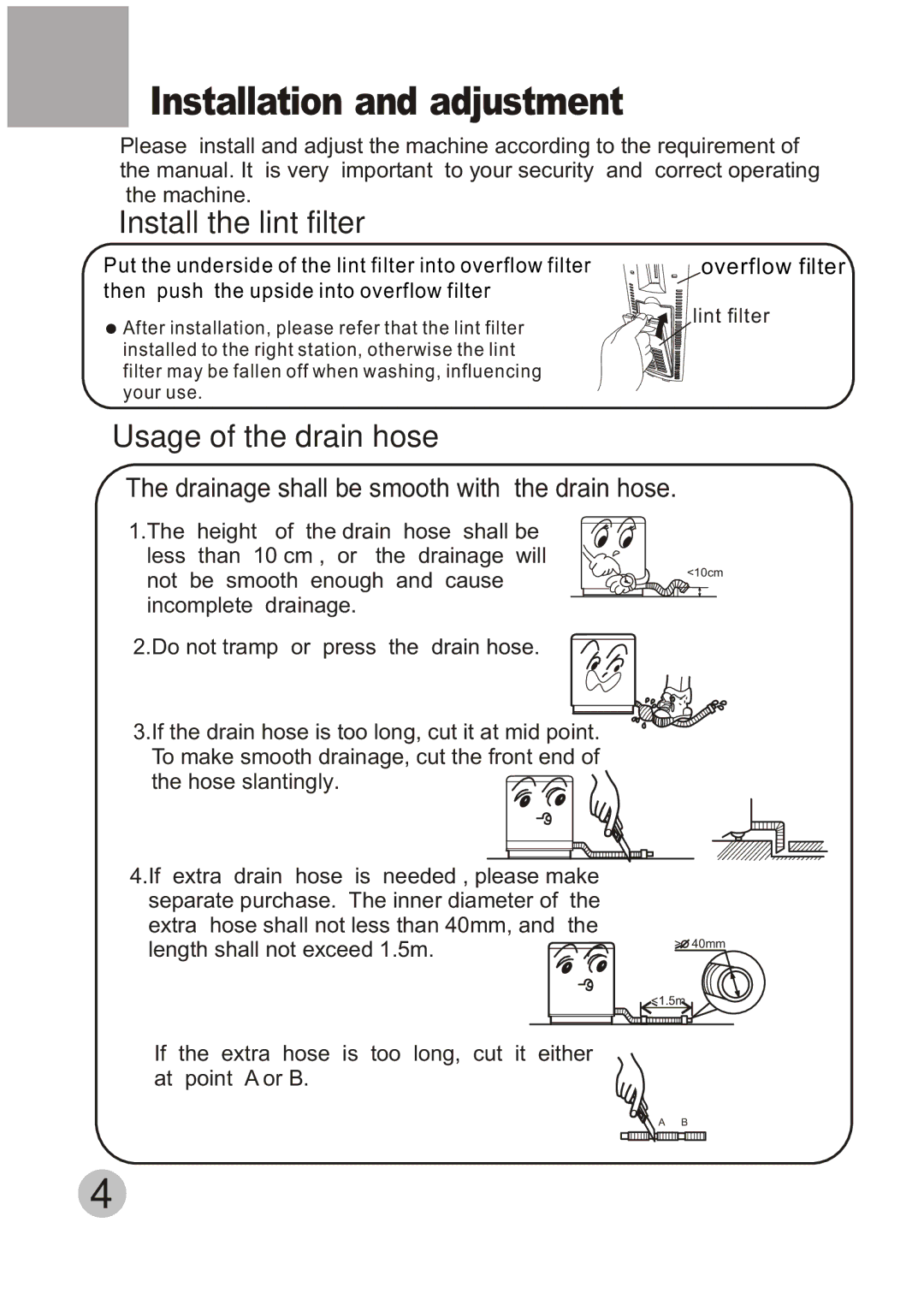 Haier HWM120-CS user manual Installation and adjustment, Put the underside of the lint filter into overflow filter 