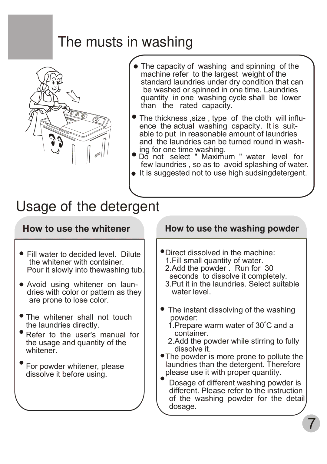 Haier HWM120-AS, HWM120-BS, HWM120-CS user manual Musts in washing, Usage of the detergent 