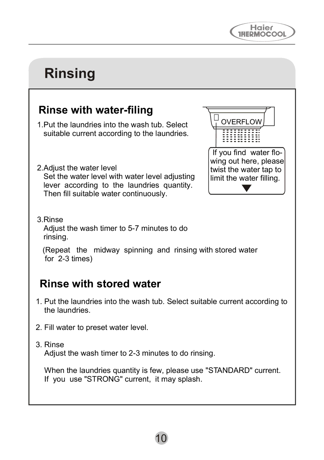 Haier HWM130-0523S user manual Rinsing, Rinse with water-filing, Rinse with stored water 