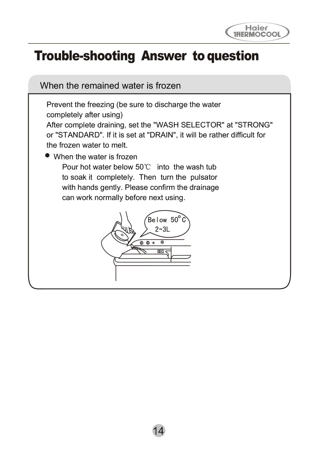 Haier HWM130-0523S user manual Trouble-shooting Answer to question, When the remained water is frozen 