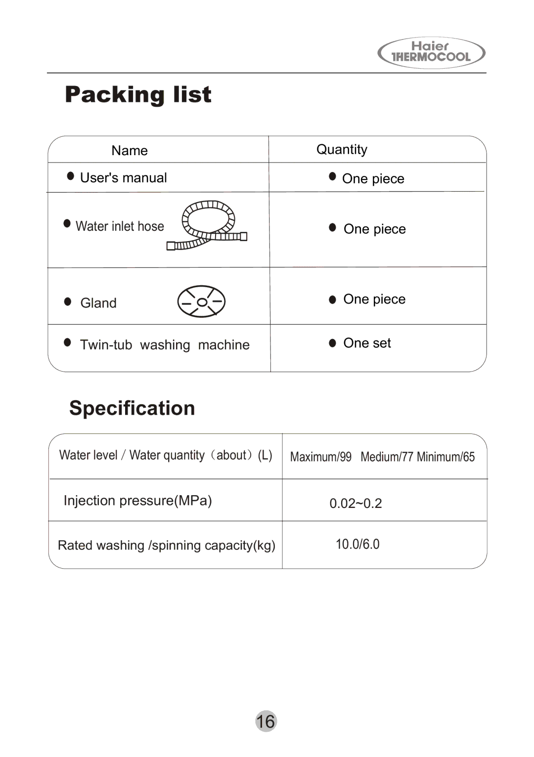 Haier HWM130-0523S user manual Packing list, Specification 