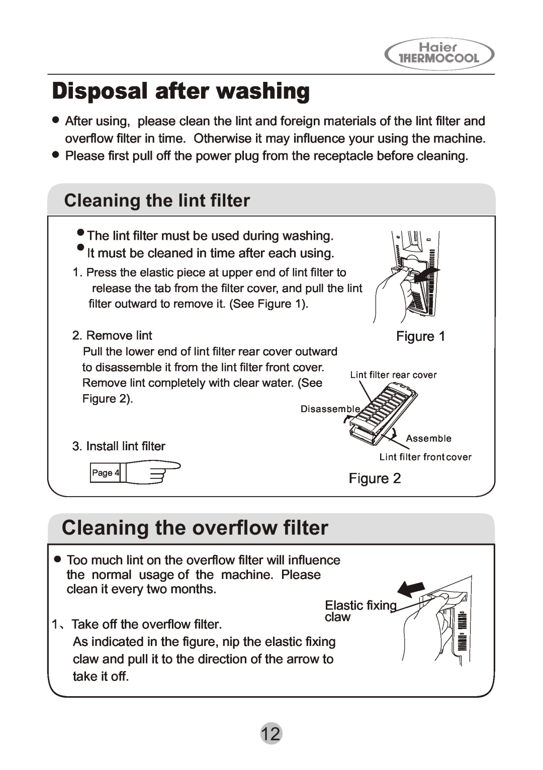 Haier HWM130-0523S user manual Disposal after washing, Cleaning the overflow filter, Cleaning the lint filter 