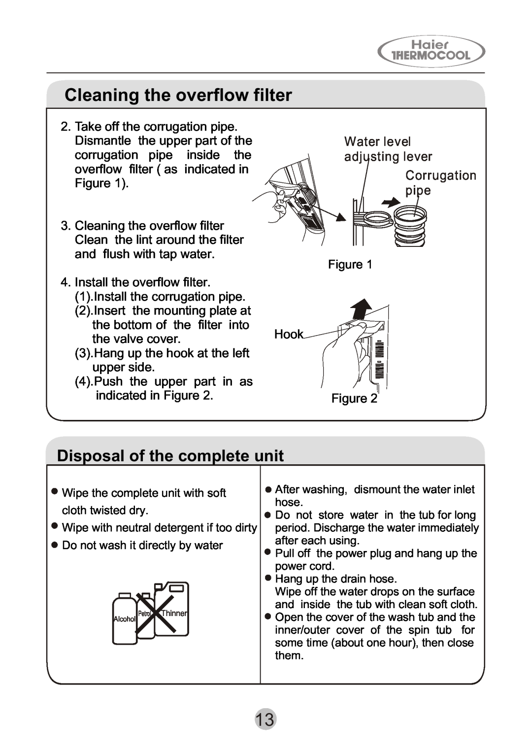 Haier HWM130-0523S user manual Ï ´ º ó ´ À í, Cleaning the overflow filter, Disposal of the complete unit 