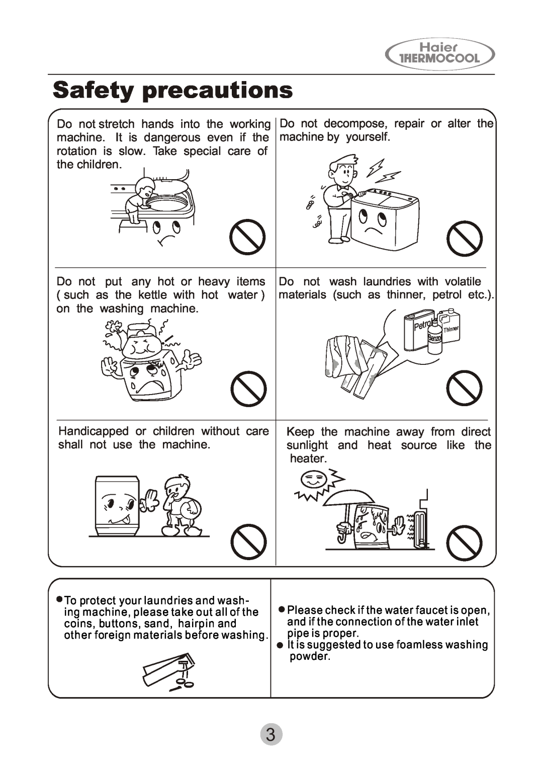 Haier HWM130-0523S user manual Safety precautions, Do not 
