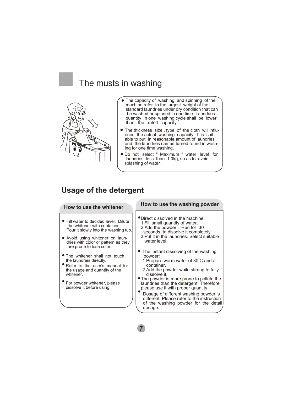 Haier HWM130-0713S user manual Musts in washing, Usage of the detergent 