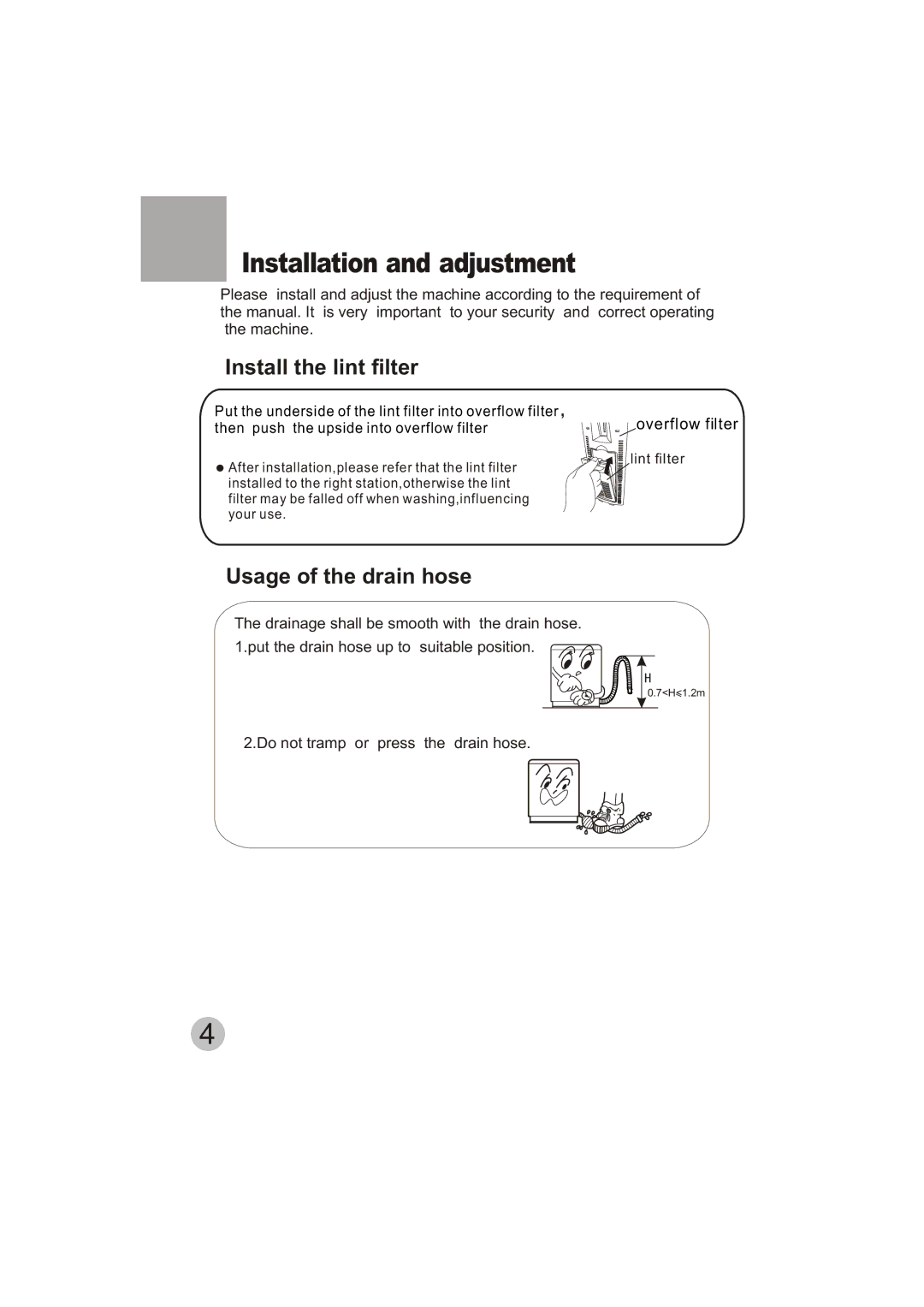 Haier HWM150-0523S user manual Installation and adjustment, Install the lint filter 