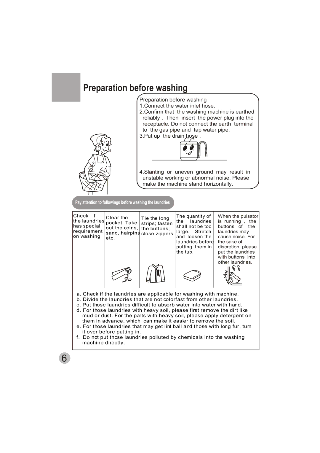 Haier HWM150-0523S user manual Preparation before washing, Pay attention to followings before washing the laundries 