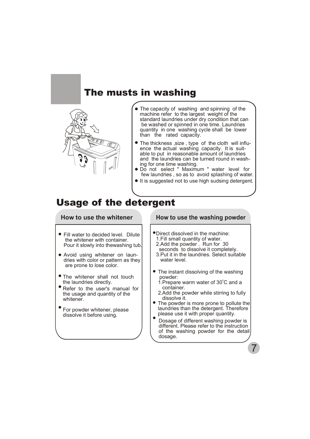 Haier HWM150-0523S user manual Musts in washing, Usage of the detergent 