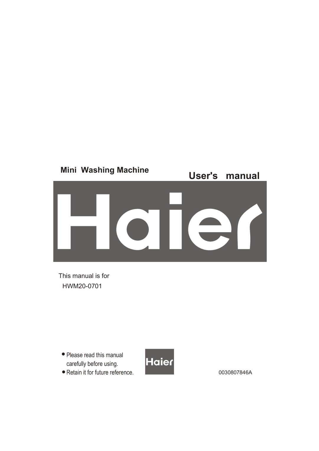 Haier HWM20-0701 user manual Mini Washing Machine 