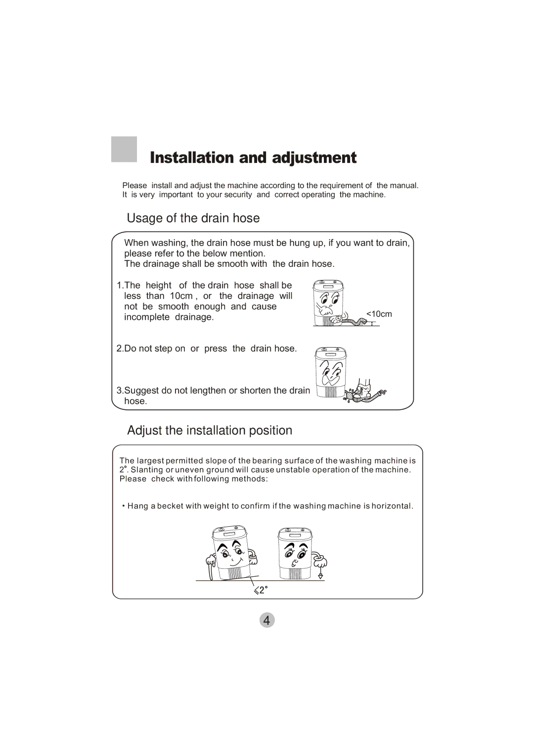 Haier HWM20-0701 user manual Installation and adjustment, Usage of the drain hose 