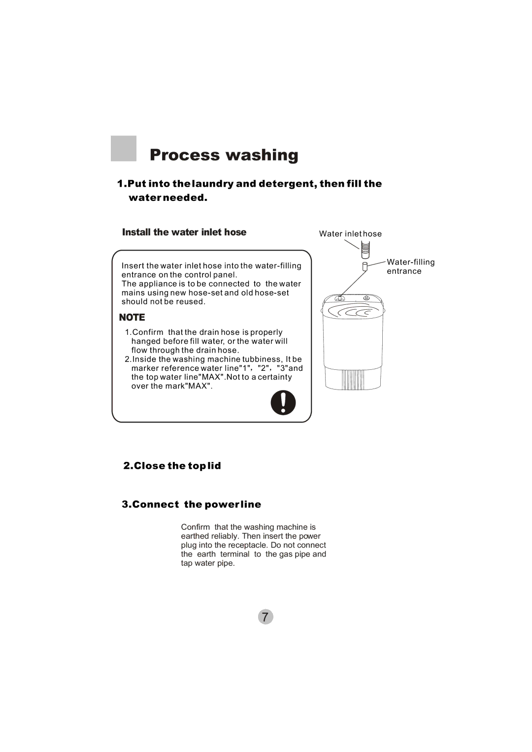 Haier HWM20-0701 user manual Process washing, Close the top lid Connect the power line 