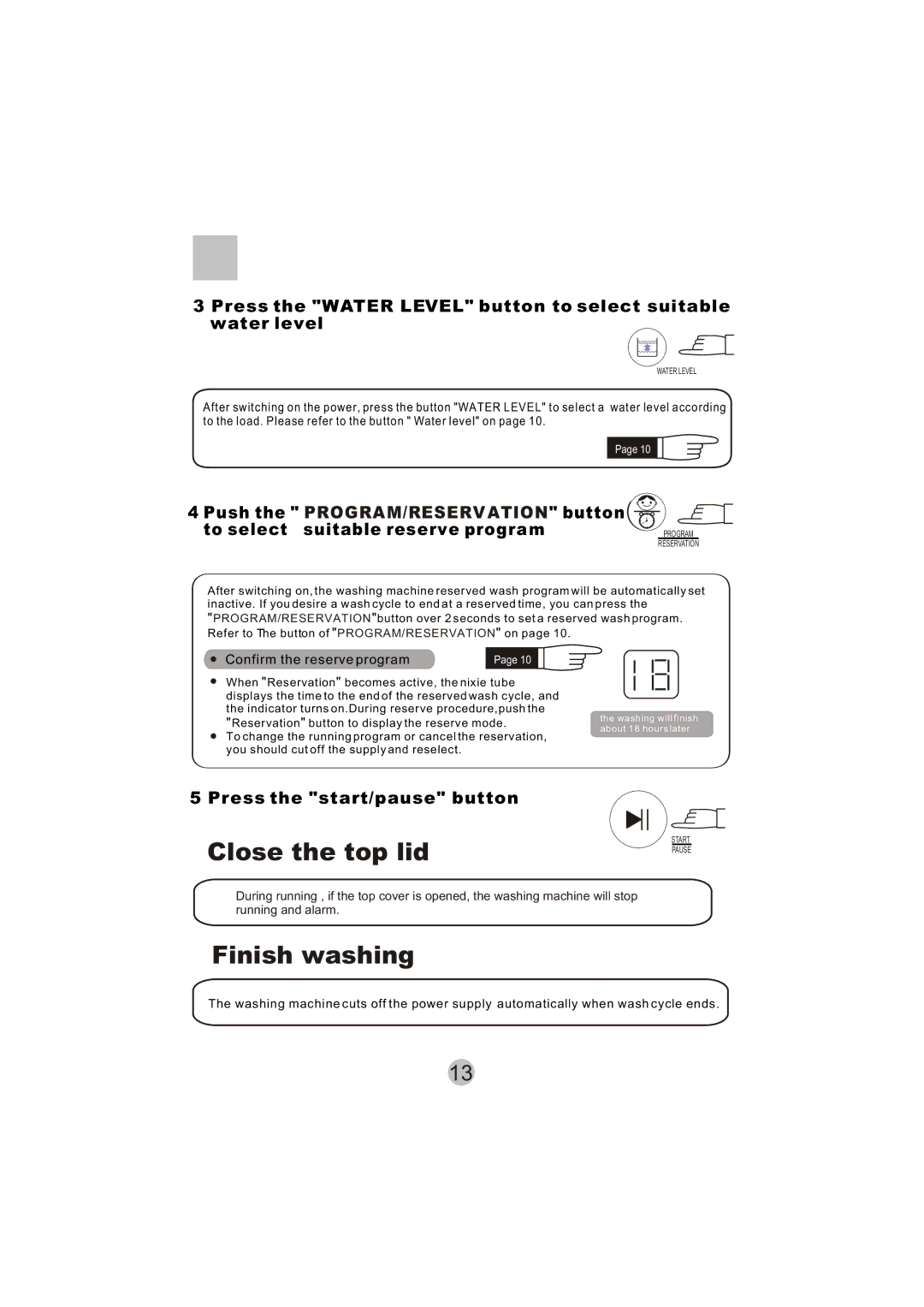 Haier HWM50-10B Close the top lid, Finish washing, Press the Water Level button to select suitable water level 