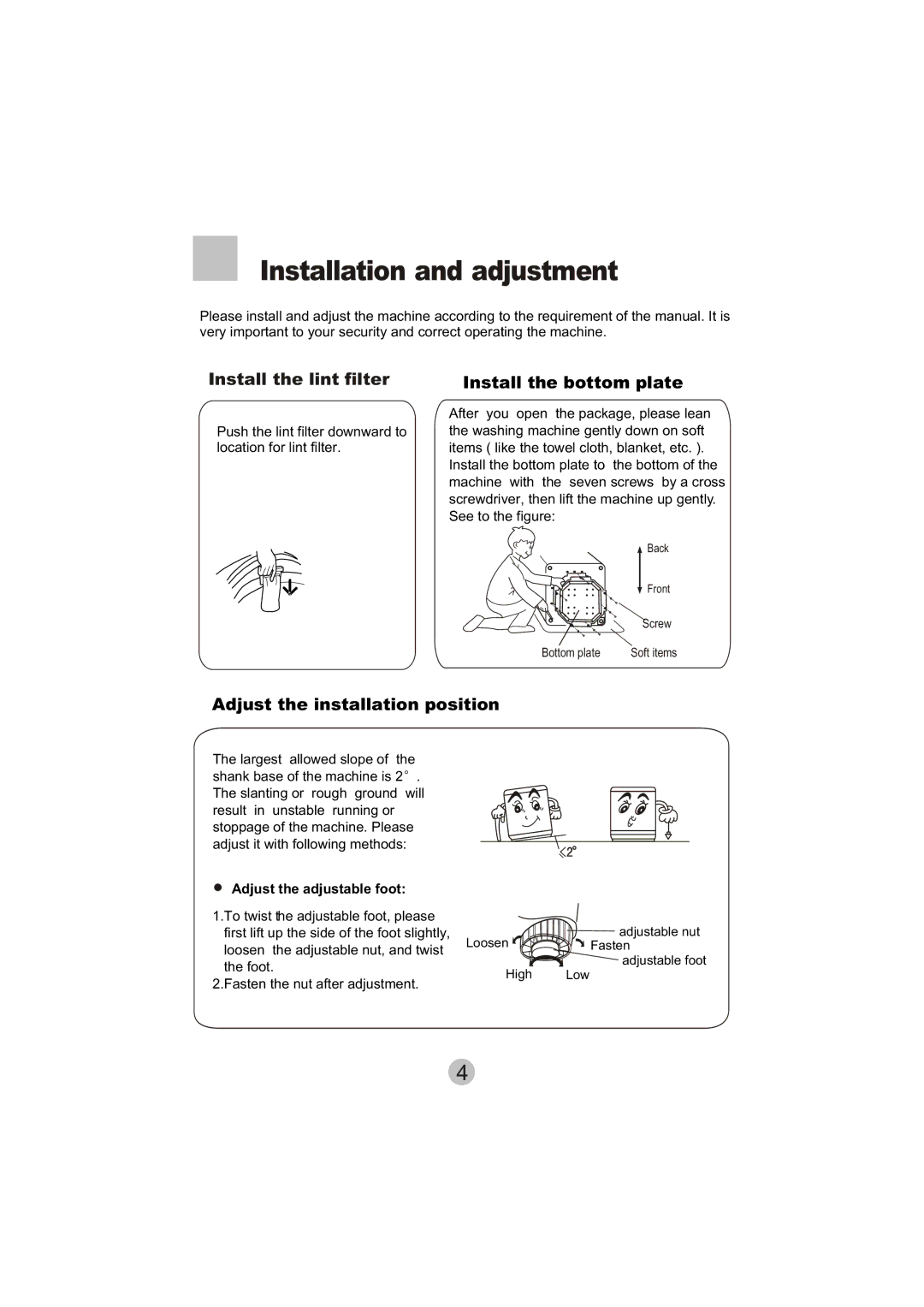 Haier HWM50-10B user manual Installation and adjustment, Adjust the installation position 