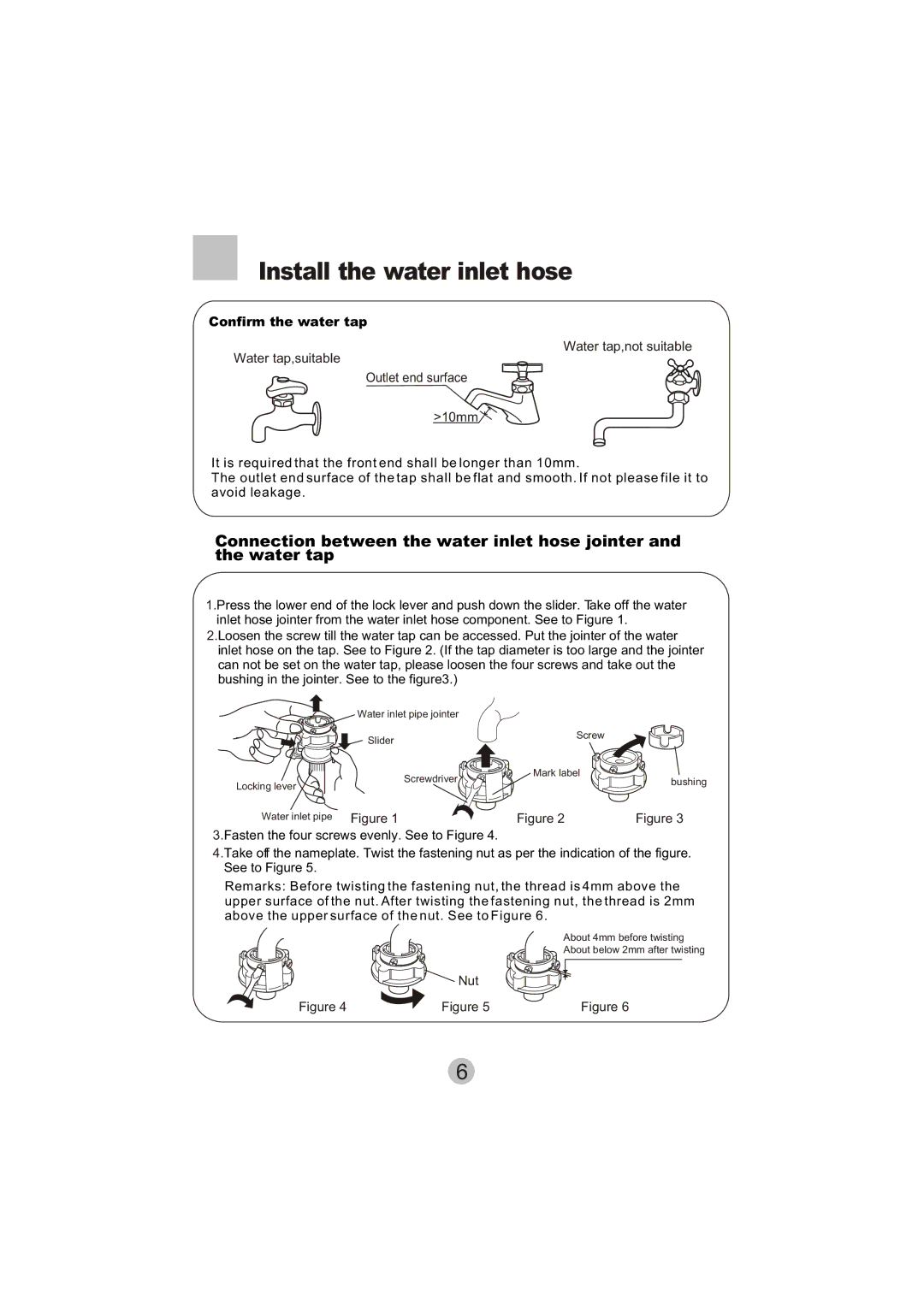 Haier HWM50-10B user manual Install the water inlet hose, Confirm the water tap 