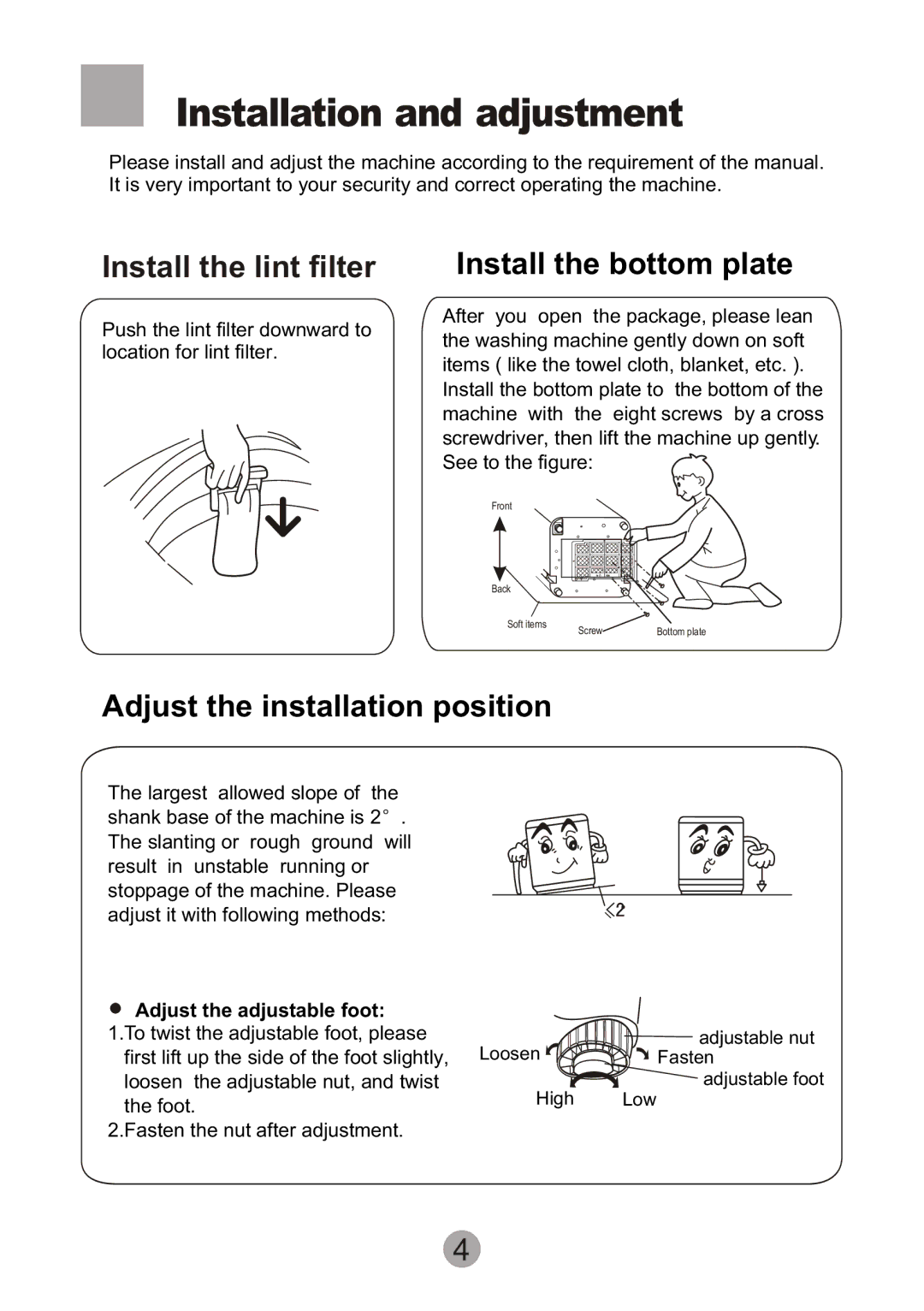 Haier HWM55-10 user manual Installation and adjustment, Install the lint filter, Adjust the installation position 