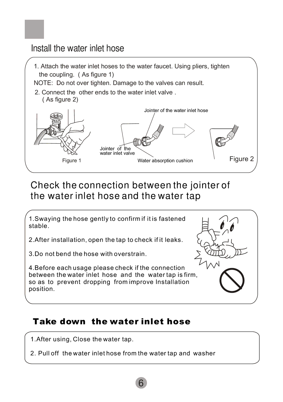 Haier HWM55-10 user manual Install the water inlet hose, Take down the water inlet hose 