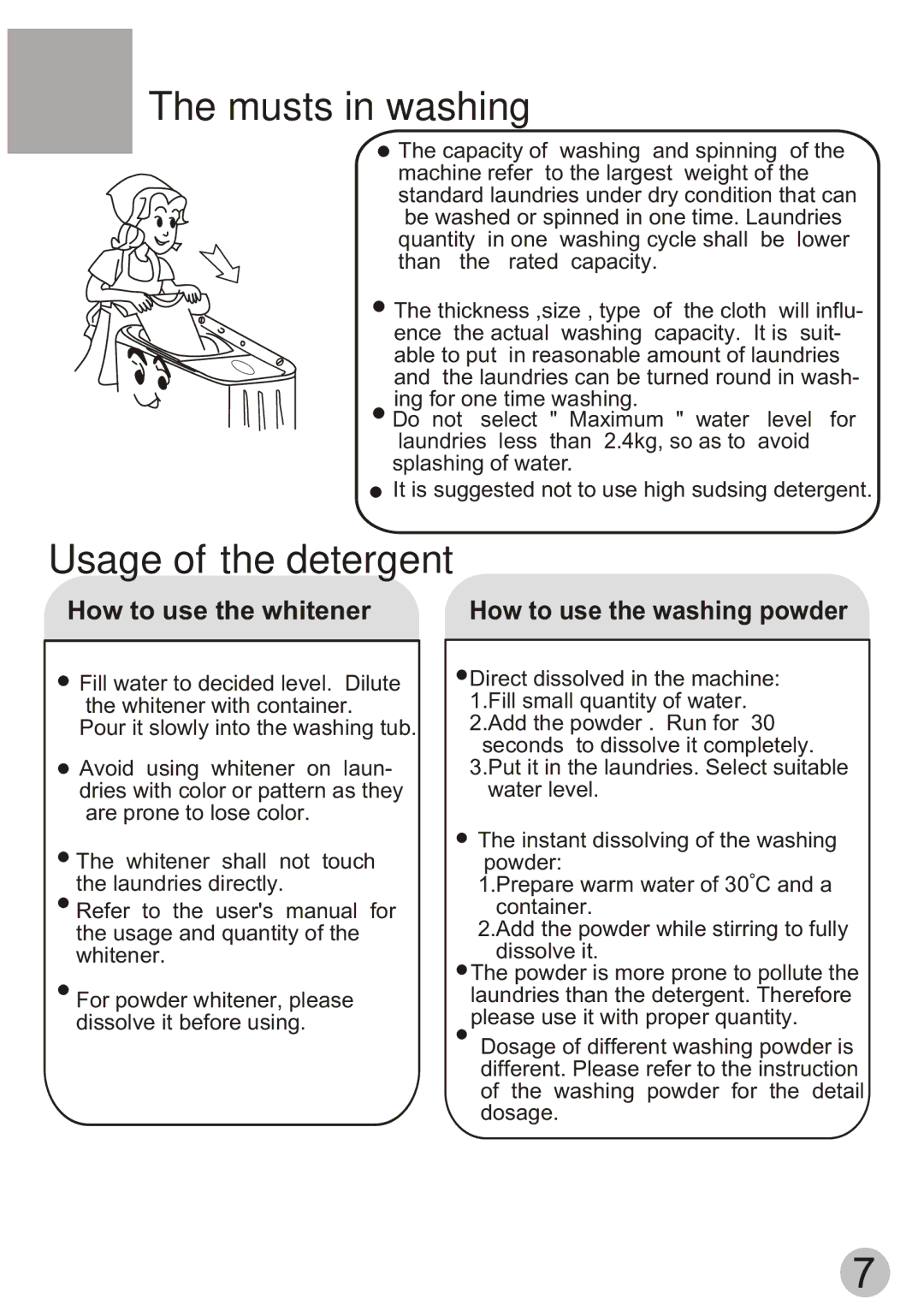 Haier HWM55-13S user manual Musts in washing, Usage of the detergent 