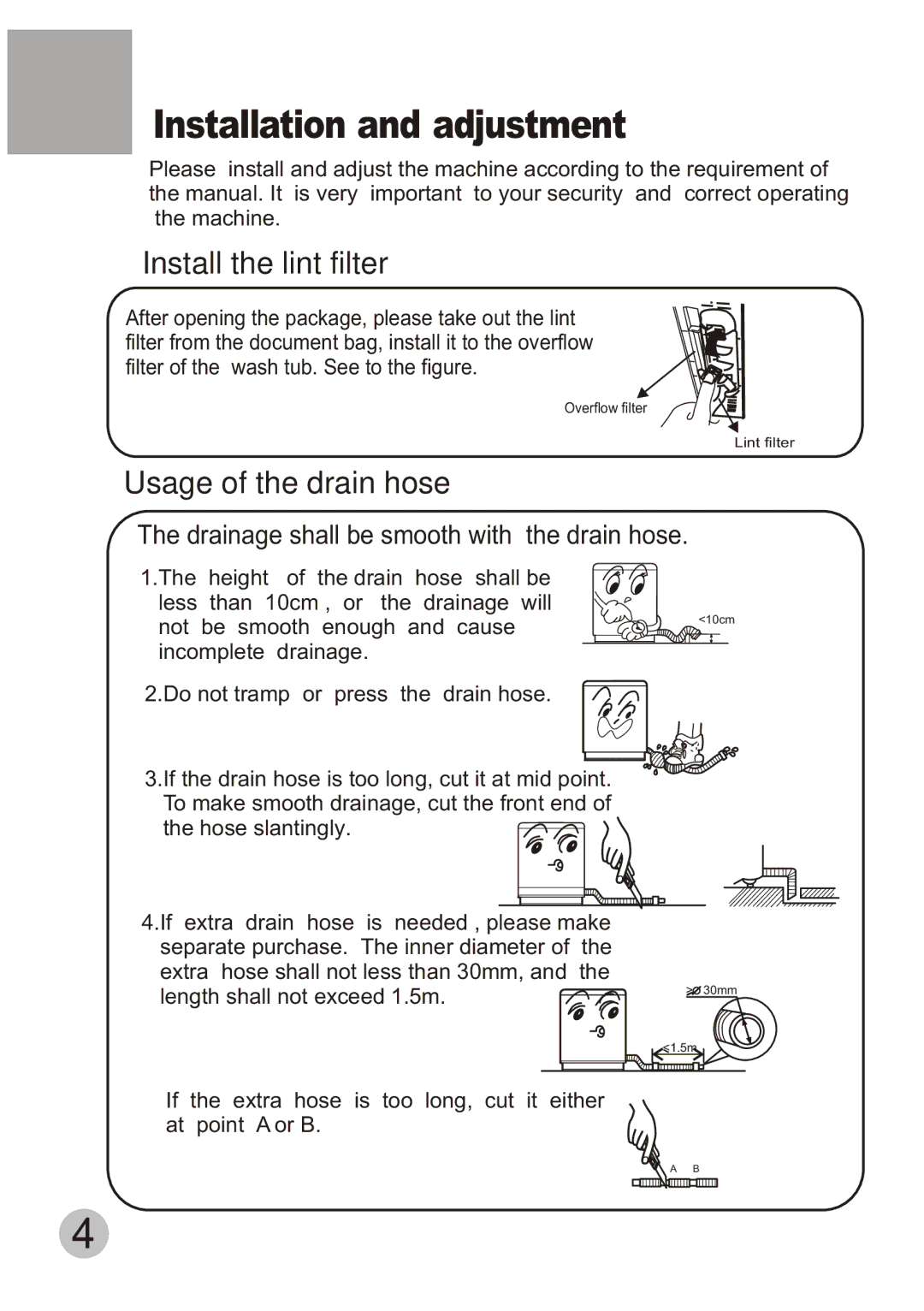 Haier HWM55-23BS user manual Installation and adjustment, Install the lint filter 