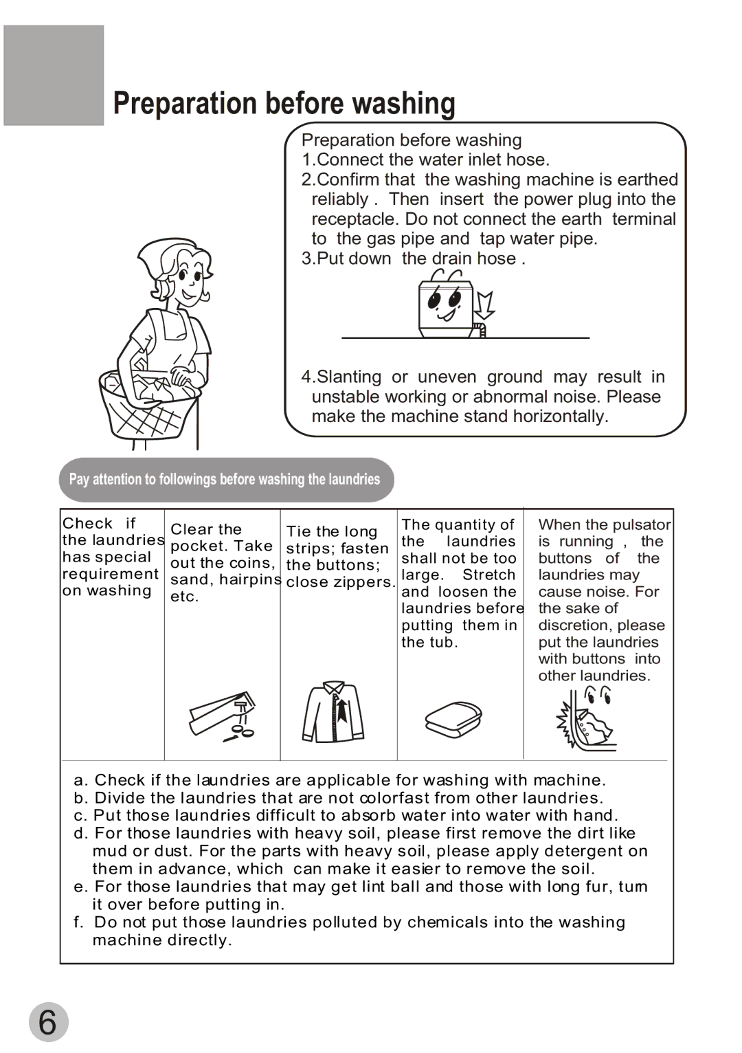 Haier HWM55-23BS user manual Preparation before washing, Pay attention to followings before washing the laundries 