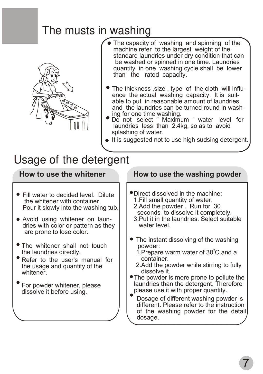 Haier HWM55-23BS user manual Musts in washing, Usage of the detergent 