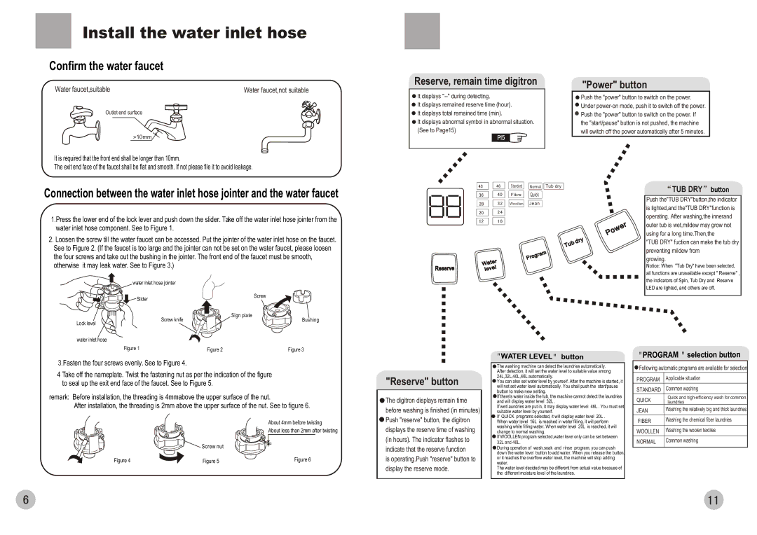 Haier HWM65-0566 user manual Install the water inlet hose, Confirm the water faucet, Program selection button 