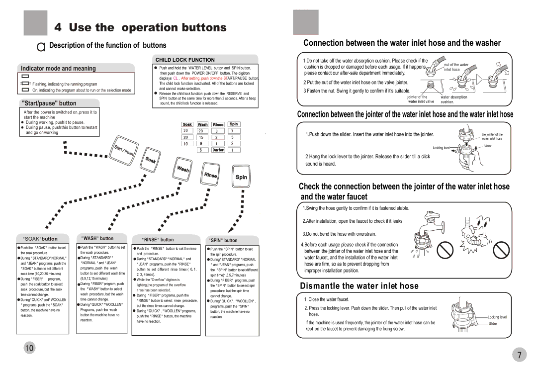 Haier HWM65-0566 user manual Use the operation buttons, Connection between the water inlet hose and the washer 