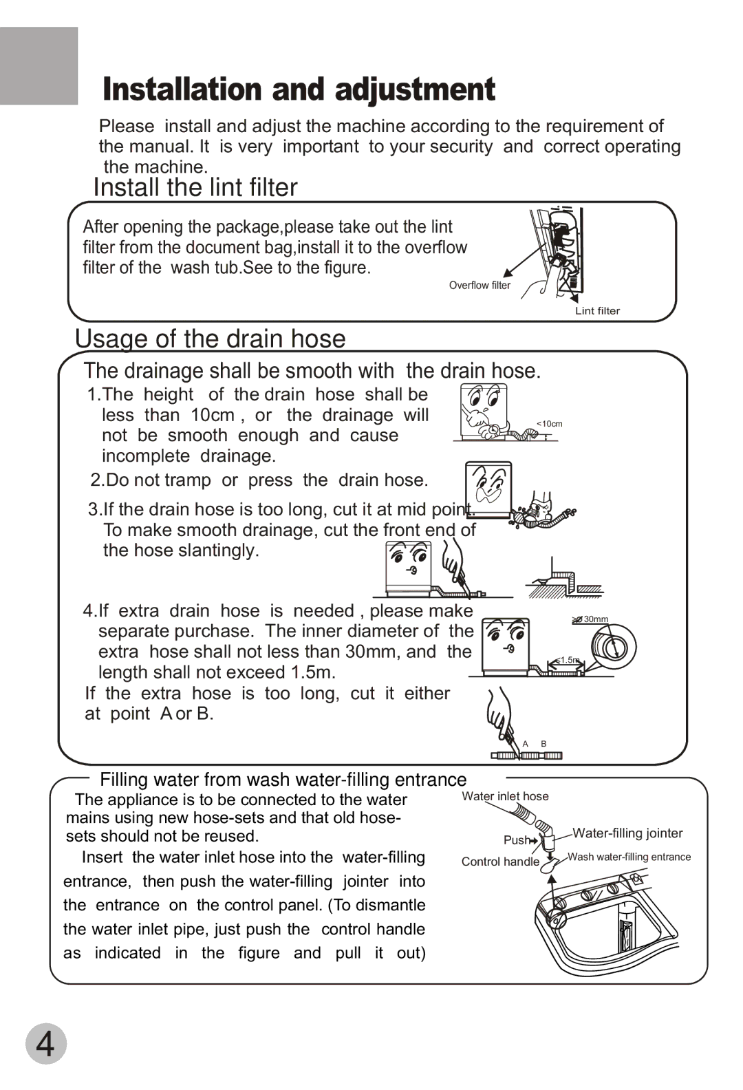 Haier HWM65-113S user manual Installation and adjustment, Install the lint filter 