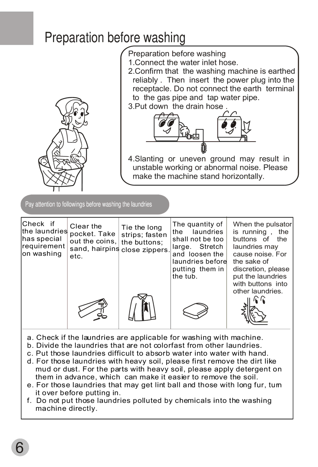 Haier HWM65-113S user manual Preparation before washing, Pay attention to followings before washing the laundries 