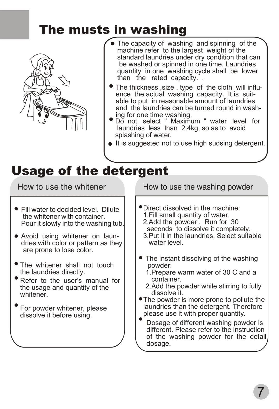 Haier HWM65-113S user manual Musts in washing, Usage of the detergent 