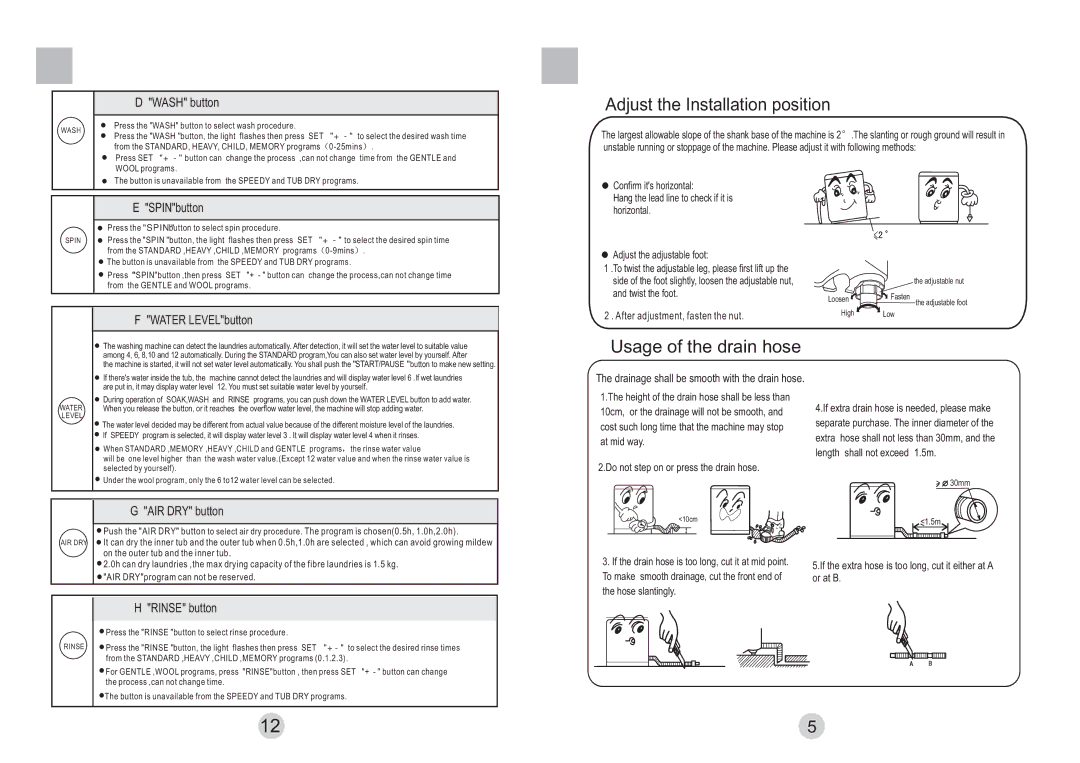 Haier HWM65-828 user manual Adjust the Installation position, Usage of the drain hose 