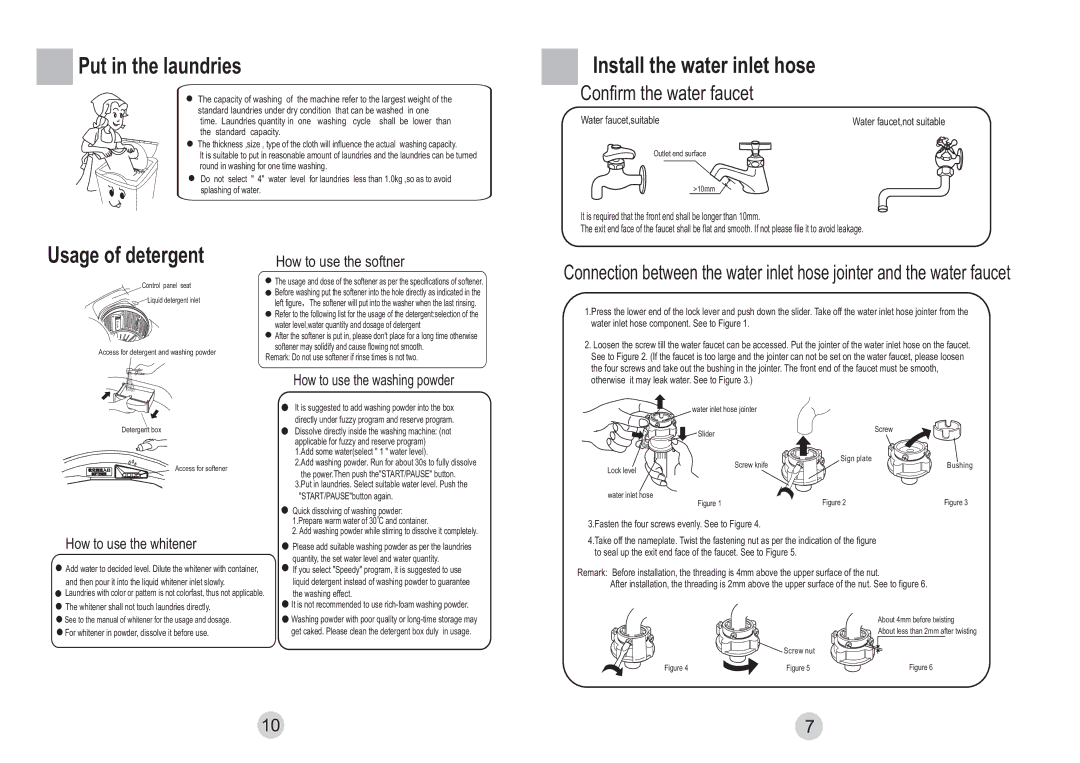 Haier HWM65-828 user manual Put in the laundries, Install the water inlet hose, Usage of detergent 